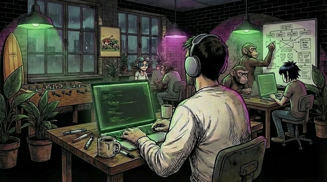 Illustrated monkeys working at computers in a coworking space